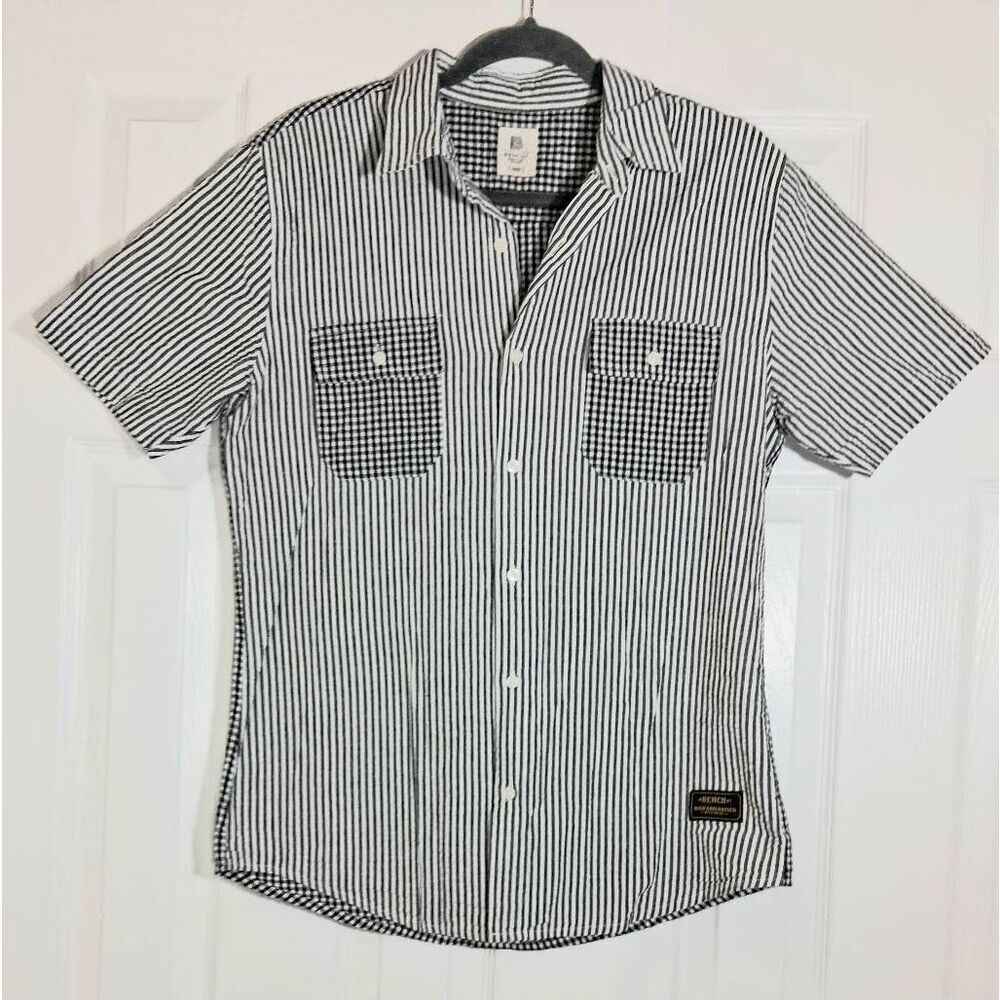Bench womens large seersucker shirt black white gingham plaid top short sleeve